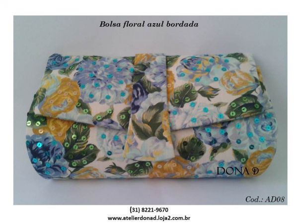 Bolsa floral azul bordada -  Cód. AD08